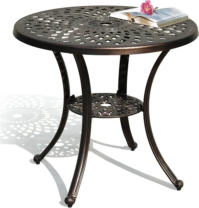 DWVO 30 Inches Round Patio Dining Table with Umbrella Hole, Antique Cast Aluminum Outdoor Bistro Table Outdoor Side Table for Backyard, Garden, Patio, Porch, Hammered Bronze by DWVO