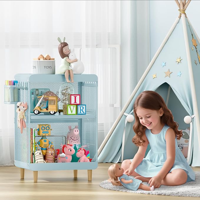 SYKIARIOL Kids Nightstand for Girls, Metal Bedside Table with 4 Hooks & Hanging Basket, 3-Tier Storage Shelf, Toddler Night Stand for Bedroom, Mint Green - Image 3