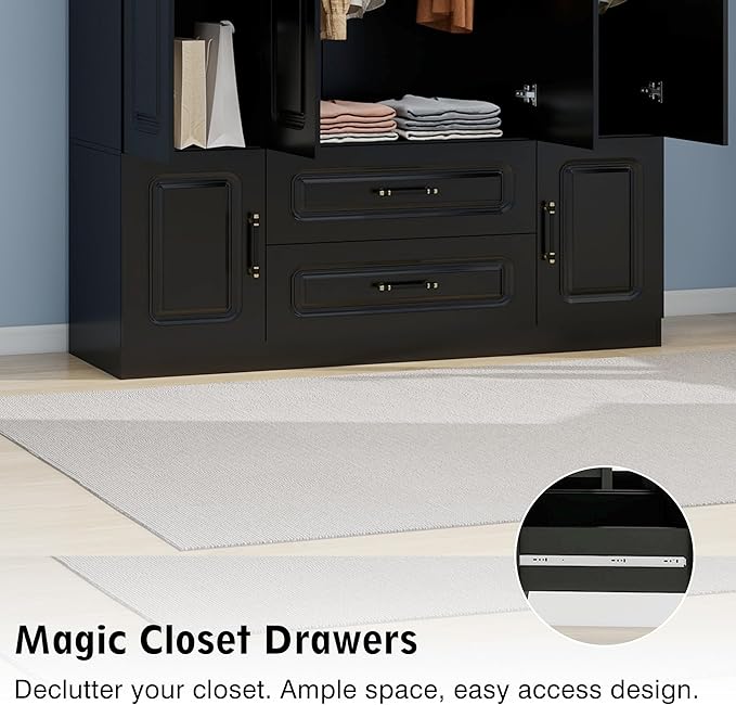 Wooden Armoire Wardrobe Closet：Modern Armoire Wardrobe Closet with 4 Doors, 2 Drawers and Hanging Rods for Tall Cabinet, Large Capacity Clothes Storage Cabinet for Bedroom Home, Black