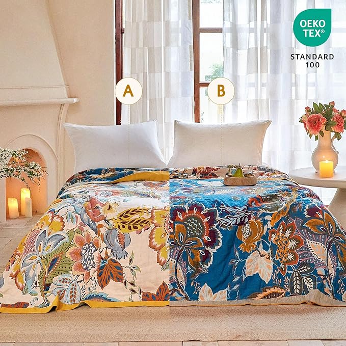 Boho Throw Blanket - 50"x60" 100% Cotton Ultra Soft Lightweight Spring Blanket, 4-Layer Breathable Muslin Blankets for Bed Couch, Reversible Green Floral Butterfly Printed Bohemian Cotton Quilt