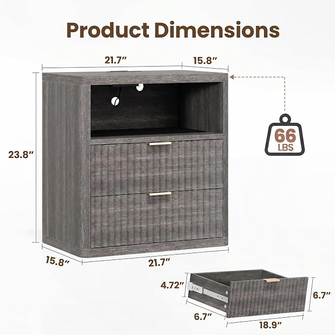 Fluted Nightstand with 2 Drawers Bed Side Table Wide End Table Modern Night Stands with Large Storage Charging Station Mid Century for Bedroom Living Room Office,Gray - Image 3