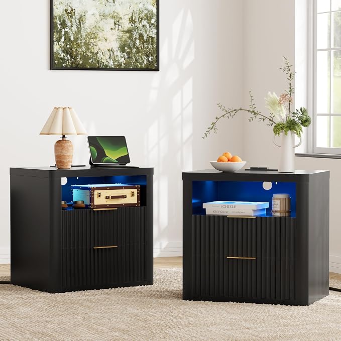 YESHOMY Fluted Nightstands Set of 2 with Charging Station,24" Night Stand with 2 Drawers and Storage Shelf,RGB LED Lighting,Arc Edge Fluted Bedside Table for Bedroom,Classic Black - Image 2