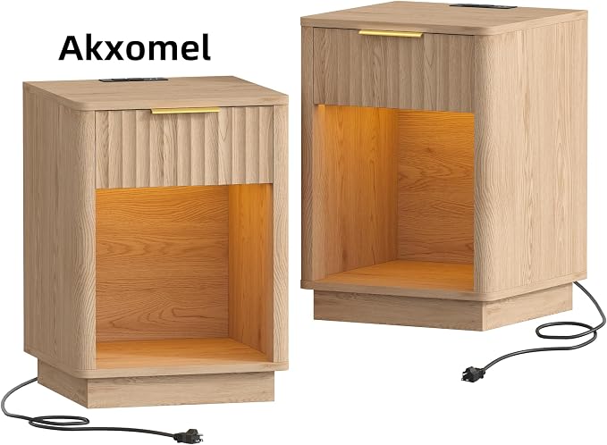 Akxomel Fluted Nightstands Set of 2, Wooden Night Stand with Charging Station and LED Light, Modern Mid Century Bed Side End Table with Drawer, 15" D x 15.7" W x 22.6" H, for Bedroom, Natural Oak - Image 9