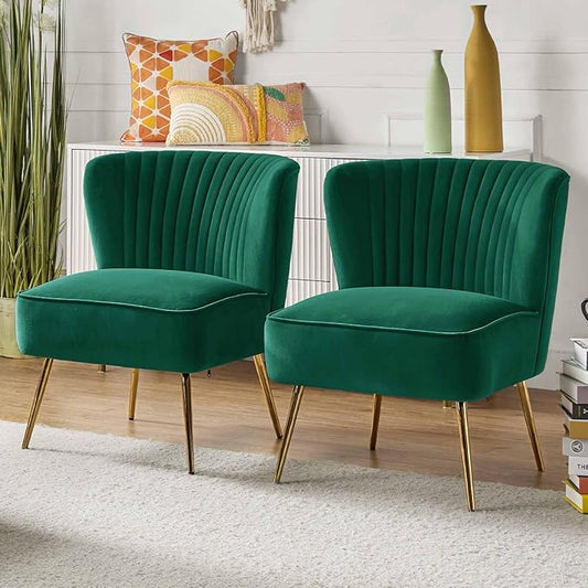 HULALA Home Velvet Accent Chair Set of 2, Modern Armless Upholstered Side Chair with Glam Gold Metal Legs for Vanity Living Room Bedroom - Green