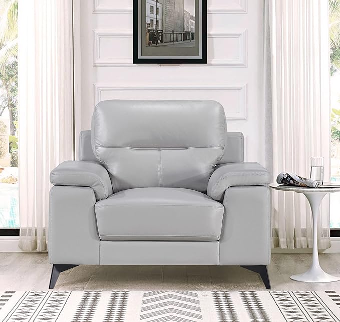 Lexicon Leather Chair, Oversized Seat, Top Grain Leather Lounge Chair, Modern Sofa Arm Chair for Living Room, Bedroom, Office, Apartment, Armchair, Silver Gray