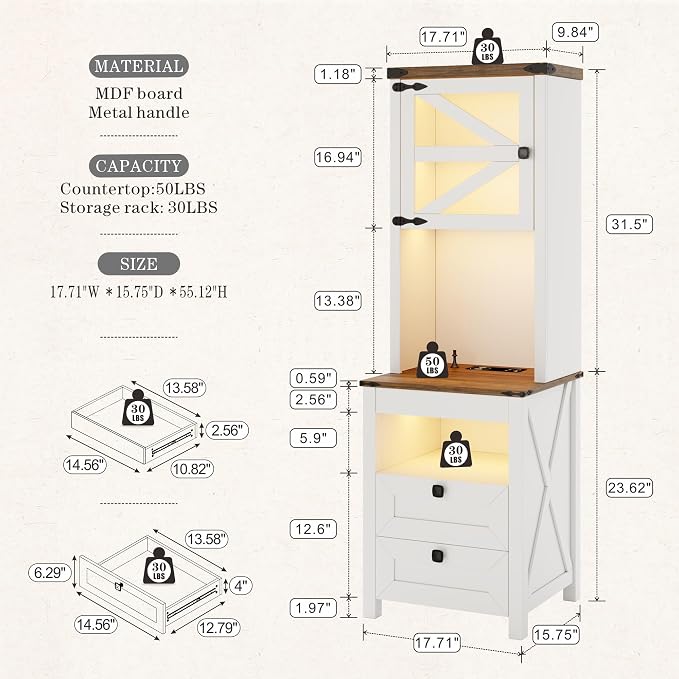 FREDEES Tall Nightstand with Charging Station, Bedside Table with Drawers & Adjustable Shelf, LED Night Stand with Gun Drawer, Farmhouse End Table for Bedroom, Antique White - Image 2