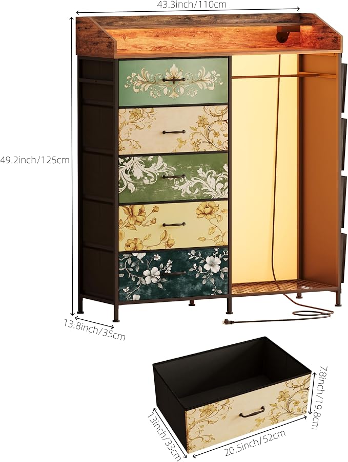 LUMTOK 2-in-1 Dresser with Hanging Racks,5 Fabric Drawers Dressers with LED Lights, Charging Station for Bedroom Living Room, Entryway, Closets (Retro Pattern) - Image 3
