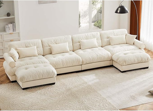 KEIKI 166" U-Shaped Oversized Velvet Modular Sectional Sofa with 2 Ottoman, High-Density Foam Cushions and Bolstered Armrests, Upholstered 4-Seater Cloud Couch with 6 Pillow, for Living Room, Cream