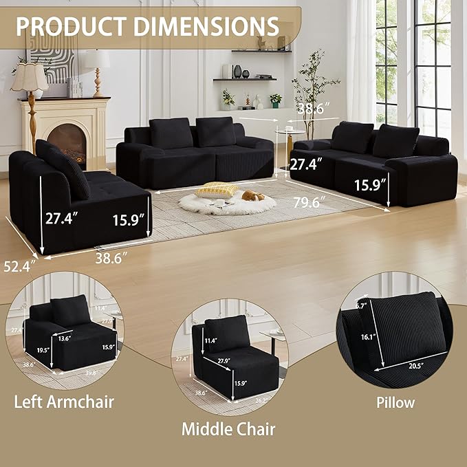 Modular Sectional Sofa with Movable Ottoman, 6 Seat Deep Seat Couch with 6 Pillows, Comfy Cloud Sectional Sofa for Living Room, Bedroom and Apartment (Black, 2 Left+2 Right+2 Middle)