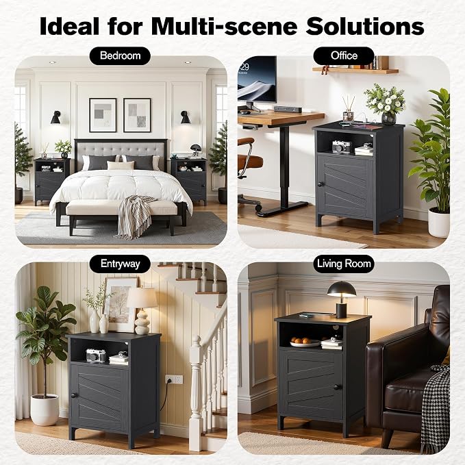Nightstands Set of 2 with Charging Station, Farmhouse Night Stand with Open Shelf, Bedside Tables with Enclosed Cabinet, Wooden End Table with USB Ports & Outlets for Bedroom - Image 8