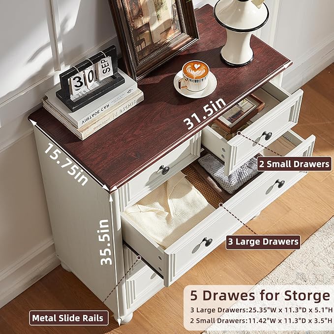 RWYHG Farmhouse 5 Drawer Dresser for Bedroom, 35.5" Tall Small Dressers & Chest of Drawers, Rustic Wood Dresser with Roman Column, Storage Organizer for Living Room, Hallway, Closet (White) - Image 2