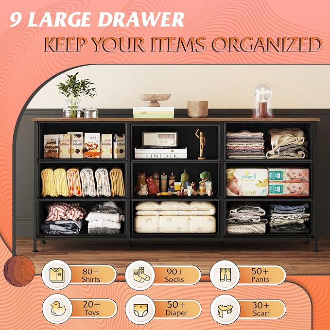 WLIVE 54''W Dresser for Bedroom, Dresser TV Stand for 55, 60, 65 inch TV, Wide Chest of Drawers with 9 Drawer, Large Entertainment Center, Fabric Dressers with Wood Top for Living Room, Rustic Brown - Image 5