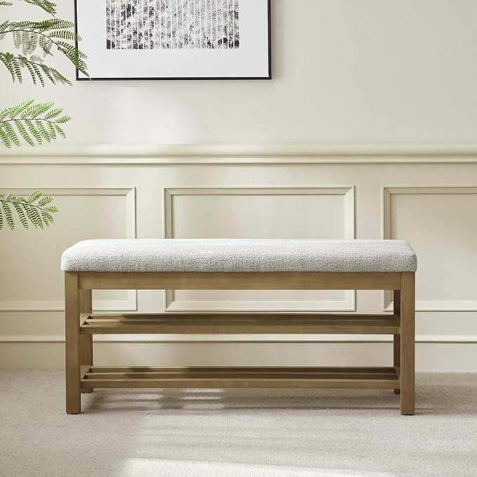 VKNOW Entryway Bench, 44.3” Upholstered Shoe Storage Bench for Bedroom, 2-Tier Storage End of Bed Bench with Rubberwood Legs for Living Room, Hallway, Beige - Image 7