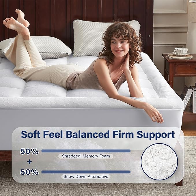 Anluoer Memory Foam Mattress Topper Full for Back Pain,Down Alternative Pillow Top Mattress Topper,Thick Mattress Pad with 8-21" Deep Pocket, 54x75 Inches,White