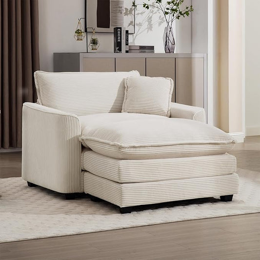 KEIKI 45" Oversized Corduroy Modular Sectional Single Sofa with 1 Ottoman, High-Density Foam Cushions, Removable Armrest, Upholstered 1-Seater Lounge Accent Chair with 1 Pillow, for Living Room, Beige