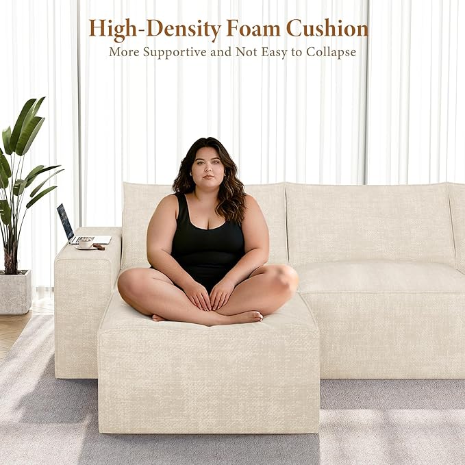 Vesgantti 143.7" Boneless Couch for Living Room, 6 Seater Modular Sectional Sofa with Ottoman & Deep Seat, Convertible Chenille Oversized Cloud Couches, No Assembly Required, Beige