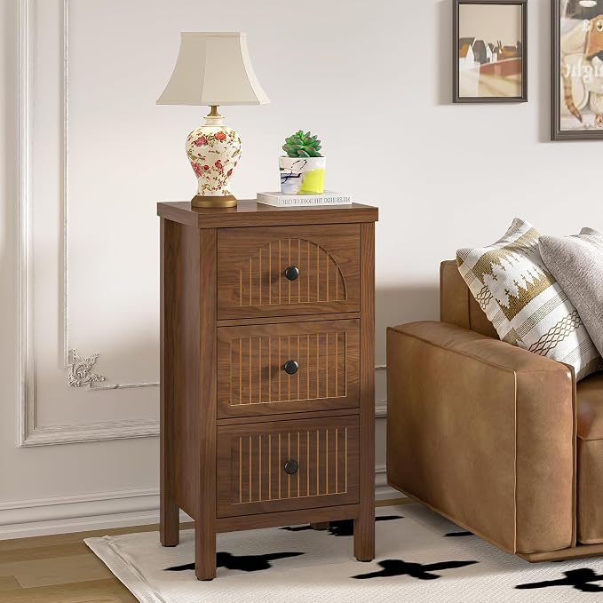 Nightstand Side Table with 3 Fluted Drawers,Mid Century Modern Nightstand for Bedroom,Wooden Bedside Table Storage for Bedroom Living Room Sofa Side Table,Walnut - Image 9