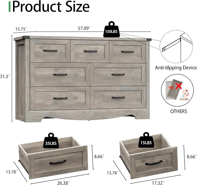 Dresser for Bedroom with 7 Drawers, 58" Wide Wood Chest of Drawers with Deep Drawers & Mental Handle, Modern Dresser TV Stand, Wooden Closet Storage Organizer for Living Room, Hallway, Entryway, Grey - Image 2