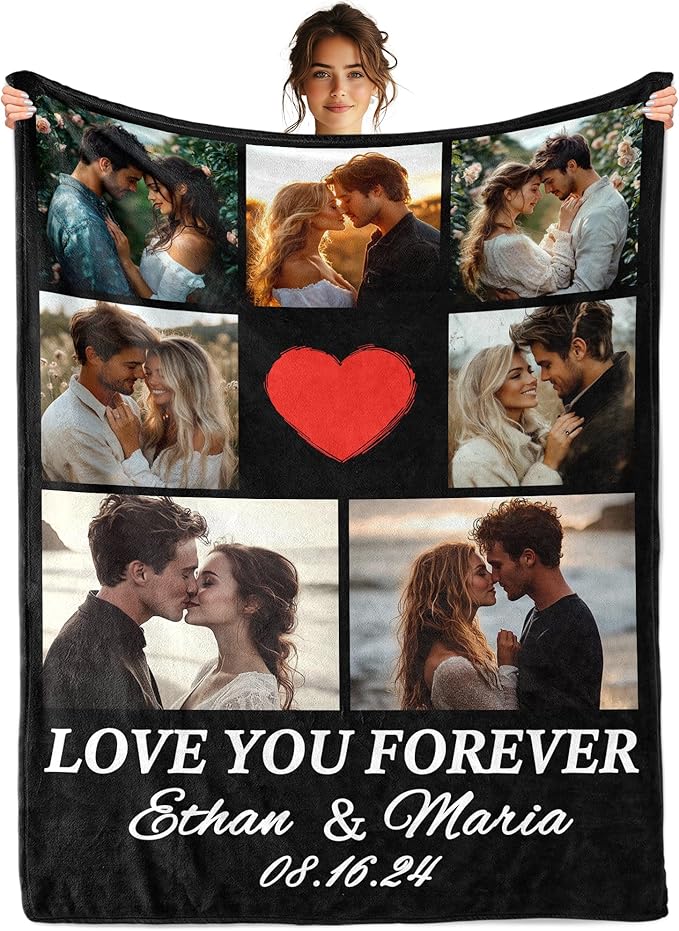 Personalized Valentine's Day Gifts for Boyfriend Girlfriend, Customized Blanket Gifts for Couple with Photos, Custom Photos Blanket I Love You Birthday Gifts for Men Wife Husband Him/Her
