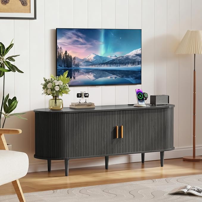 DHH 55 Inch Mid Century Modern TV Stand with Power Outlet for TVs up to 60 Inch, Entertainment Center with Storage and Adjustable Shelves, Media Console with Sliding Doors for Living Room(Black) - Image 7