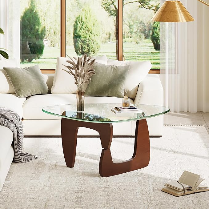 WLIVE Coffee Table, Small Glass Coffee Table with Solid Wood Legs, 32.7" Mid Century Triangle Living Room Tables, Modern Center Table for Small Spaces Living Room, Reception, Office, Natural