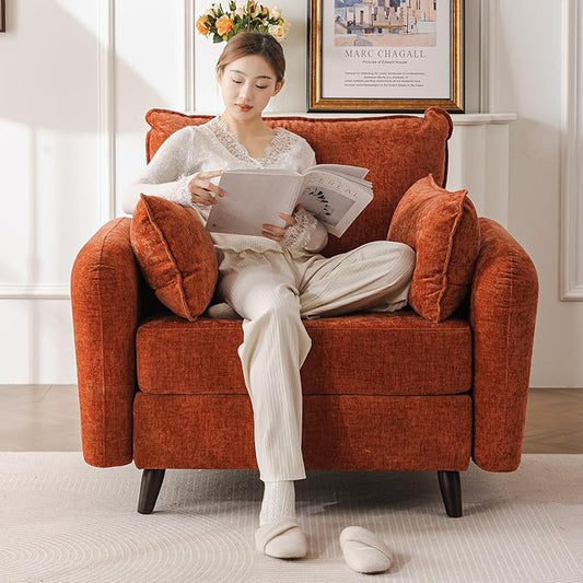 Rexulqo Oversized Accent Chair with All Seats Storage,Comfy Living Room Chairs with 2 Throw Pillow,Upholstered Mid-Century Armchair,24.5'' Deep Seat,Reading Chair for Bedroom,Office,Chenille,Orange