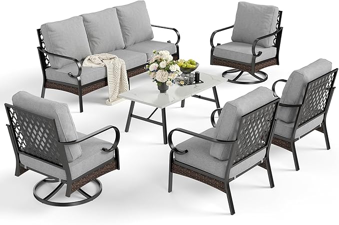 6-Piece Metal Outdoor Patio Furniture Set - Black & Light Gray with 1 3-Seater Sofa, 2 Fixed & 2 Swivel Sofas, Coffee Table