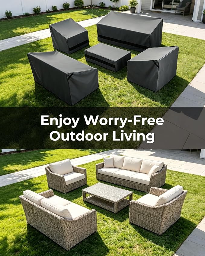 Loriano Patio Furniture Cover Set, 5 Piece Outdoor Furniture Cover Waterproof, 600D Heavy Duty Lawn Patio Set Covers Grey - Image 7