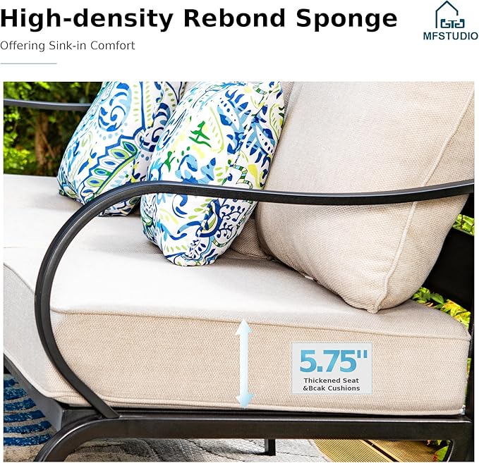 MFSTUDIO 5 Pieces Patio Conversation Sets,Outdoor Metal Furniture Sofas with 1 x 3-Seat Sofa, 2 x Sofa Chairs,2 x Ottoman,Wrought Iron Frame with Beige Cushion for Patio Courtyard Balcony