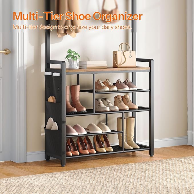 HOOBRO Hall Tree with Bench, Shoe Rack with Coat Rack, Coat Rack with Shoe Storage, 5 Tier Shoe Storage Organizer with Oxford Fabric Side Pockets, Coat and Shoe Rack Entryway, Rustic Brown BF45MT01 - Image 5