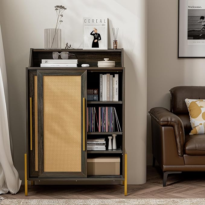 BELLEZE Storage Cabinet, Buffet Sideboard with Rattan Sliding Doors and Adjustable Shelf, Shoe Rack for Entryway, Sideboard Cabinet Accent Cabinet for Living Room and Bathroom - Dana(Brown) by BELLEZE