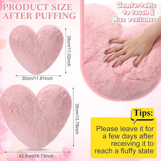 Marsui 2 Pcs Heart Throw Pillows, Soft Fluffy Faux Fur Decorative Hearts Shaped Pillows for Living Room Sofa Bed, Cute Heart Themed Gift for Women(Shrimp Pink,11.81 x 11.02, 16.73 x 13.78 Inch)