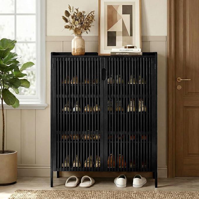 Shoe Cabinet with Doors Bamboo 5 Tiers Shoe Storage Cabinet for Entryway, 25 Pairs Wooden Shoe Cabinets, Modern Shoe Organizer Storage for Living Room, Bedroom, Hallway, Closet Black by Bambooflow