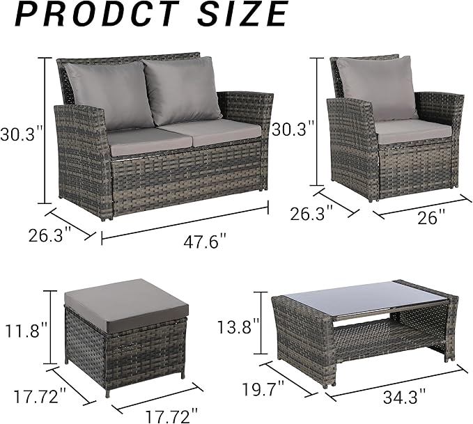 KEIKI 6-Piece Outdoor Patio Furniture Set, Rattan Patio Conversation Set with 2-Seater Sofa, 2 Single Sofa, 2 Ottomans, Coffee Table, PE Wicker Sofa Set, for Garden, Backyard, Lawn, Deck, Dark Gray