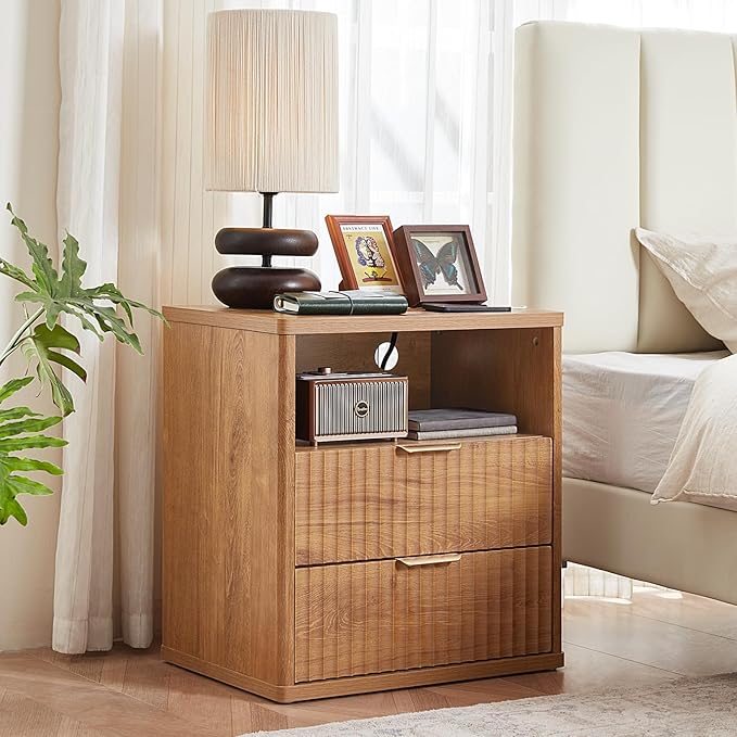 LEYAOYAO Fluted Dressers & Nightstand Set of 4, Wood 48" Wide Dresser & 42" Tall Chest of Drawers,Modern Bedroom Furniture Sets, Brown Wooden Nightstand Set of 2 with 2 Drawers & Charging Station