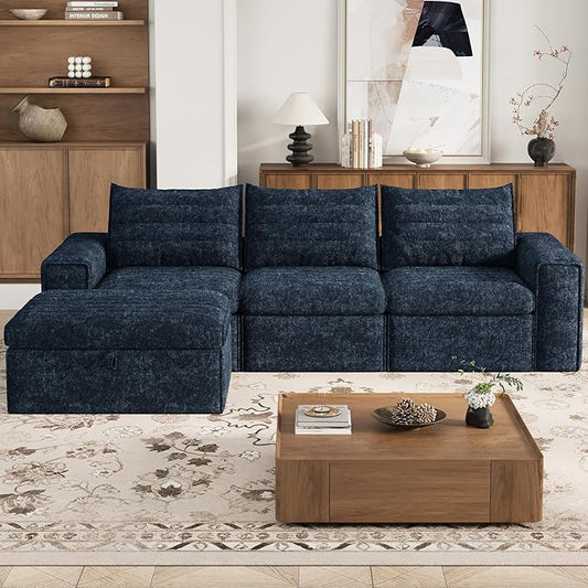 106.7" Modular Sectional Sofa with Deep Seat, Upholstery L Shaped Cloud Couch for Living Room, 3-Seater Modern Boneless Sofa with Movable Ottomans, Removable Cover, No Assembly Required, Aqua Blue