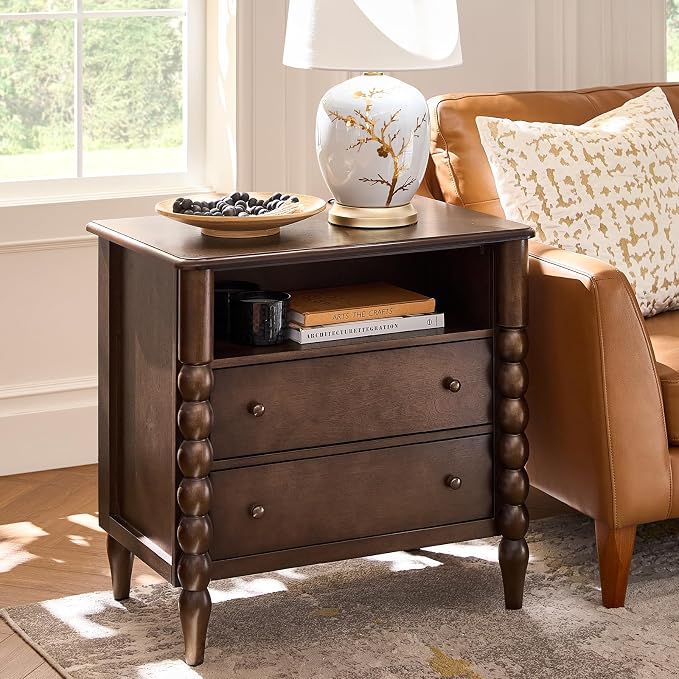 HULALA HOME Farmhouse Storage End Table with Spindle Columns, 2 Drawers and Open Shelf Side Table, Solid Wood Fluted Side Table with Charging Station, Walnut - Image 7