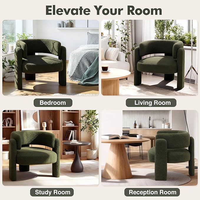 Accent Chairs Set of 2, Modern Sherpa Barrel Chairs, Upholstered Living Room Chairs with 3 Legs, Comfy Armchair Reading Side Chair for Bedroom, Office, Apartment, Green
