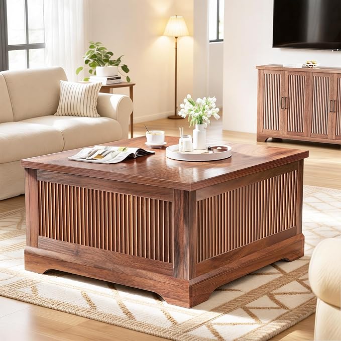 Lift Top Coffee Table with Storage, Fluted Coffee Tables with Lifting Top, Modern Farmhouse Square Center Table for Living Room, Home Office, with Hidden Compartment, Flip-Up Lids, Walnut