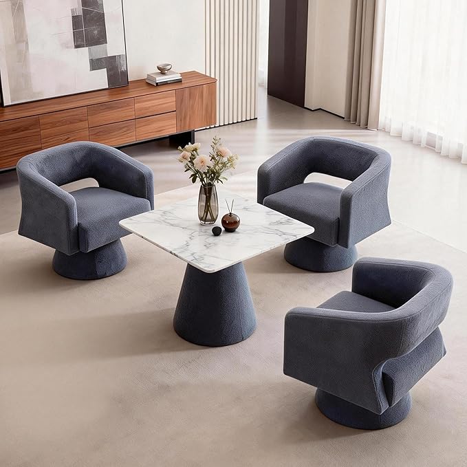 ClinQ Swivel Barrel Accent Chair, Oversized Teddy Upholstered Round Swivel Chairs Set of 3, Modern Luxury 360° Living Room Vanity Chair for Bedroom Office&Living Room, Blue