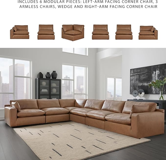 Signature Design by Ashley Emilia Modern L-Shaped Leather Match Modular Anti Sag 6-Piece Sectional with Loose Back Cushions and 2 Bolster Pillows, Orange