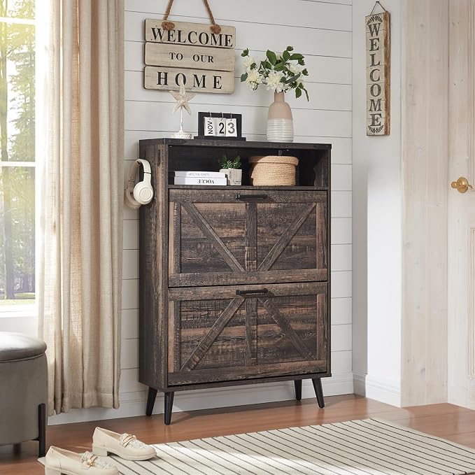 Barnyatoh Shoe Storage Cabinet,Farmhouse Shoe Organizer with 2 Flip Drawers & Barn Door Design,Freestanding Hidden Slim Narrow Shoe Rack Cabinet with Open Storage for Entryway, Foyer,Hallway, Dark oak by Barnyatoh