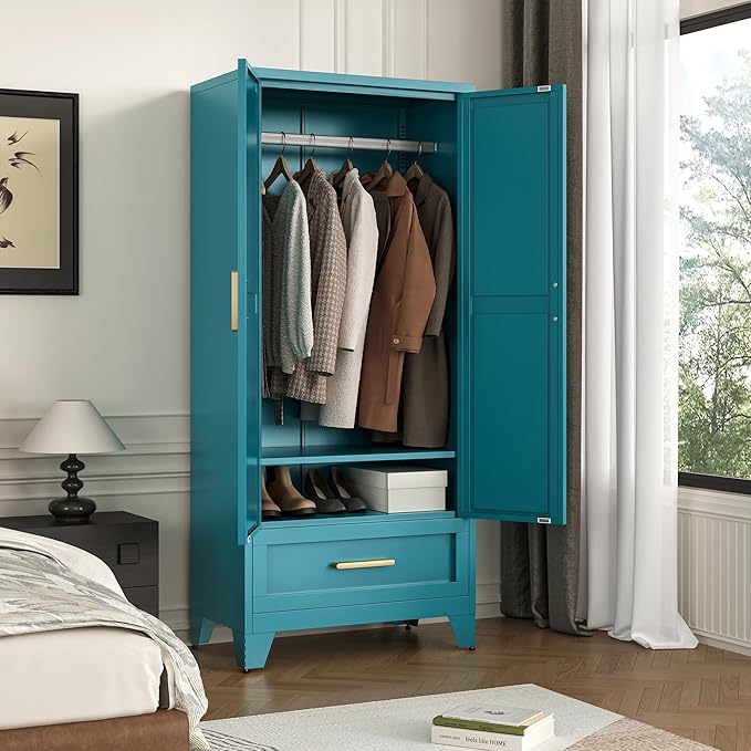 LCAOPC 71" Tall Metal Wardrobe Cabinet with Drawer and Hanging Rod, 2 Doors Armoire Wardrobe Closet with Shelf for Bedroom, Office, Laundry Room, Blue