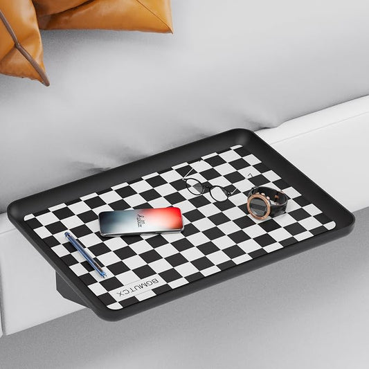 Bedside Shelf for Dorm Bunk Bed/Top Bunk - Clip-on Floating Tray No Drilling, Black & White Grid Checkerboard with Non-Slip Pad, College Essentials with Cable Catch, Loft Nightstand Storage by BGMUTCX