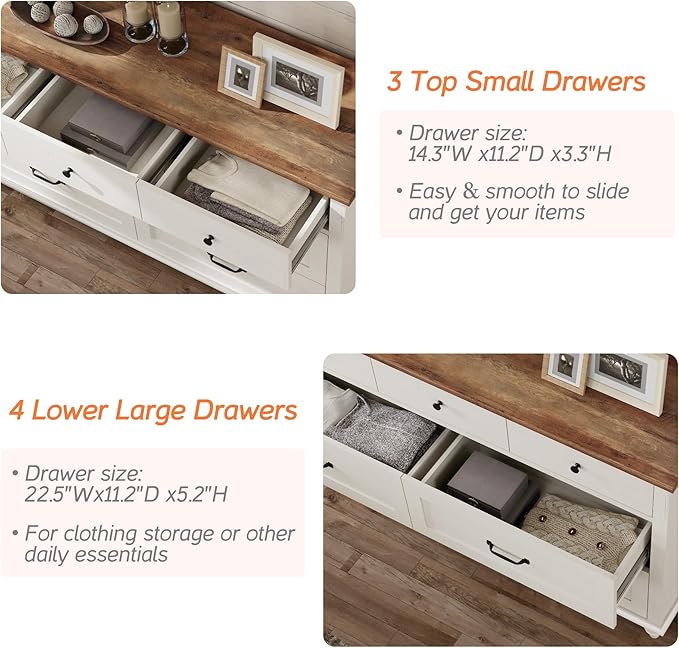 WAMPAT 2 Piece Bedroom Set - Includes 7 Drawer Dresser for Bedroom, Mid Century Nightstand with Charging Station & Drawers, 2 Piece Dresser and Nightstand Sets, Off White