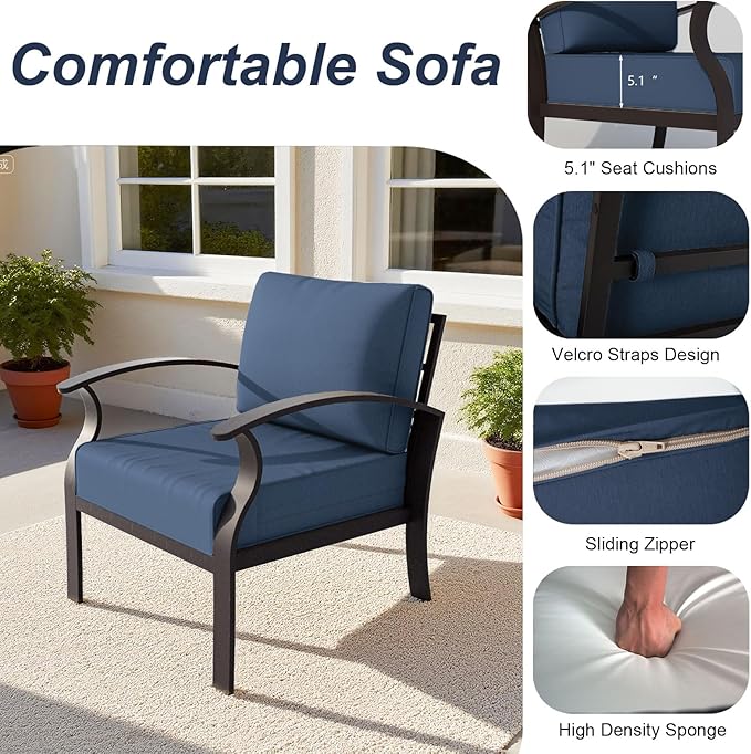 ALAULM Aluminum Patio Furniture Set with Propane Fire Pit Table 6-seat Metal Outdoor Furniture w/Swivel Chairs Patio Sectional Sofas w/5.1" Cushions for Patio, Backyard, Poolside-DarkBlue