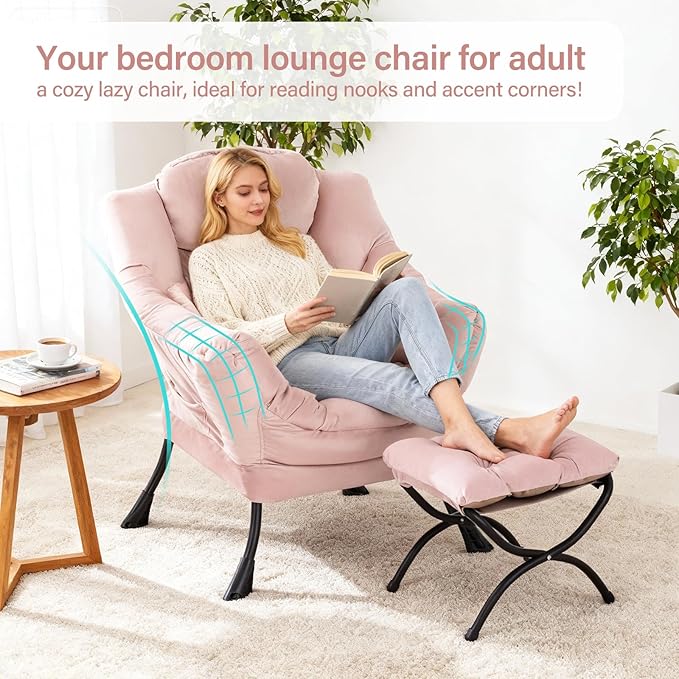 Lazy Chair with Ottoman, Modern Accent Chair with Lumbar Pillow, Velvet Pink Sofa, Armchairs with Folding Footrest, Oversized Supportive Chairs for Bedroom, Reading