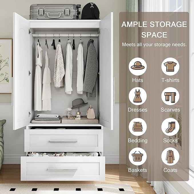 Einhomn Wooden Armoire Wardrobe Closet with 2 Doors and 2 Drawers,Bedroom Freestanding Armoire Storage Cabinet with Shelves,Tall Clothing Storage Cabinet for Bedroom,White