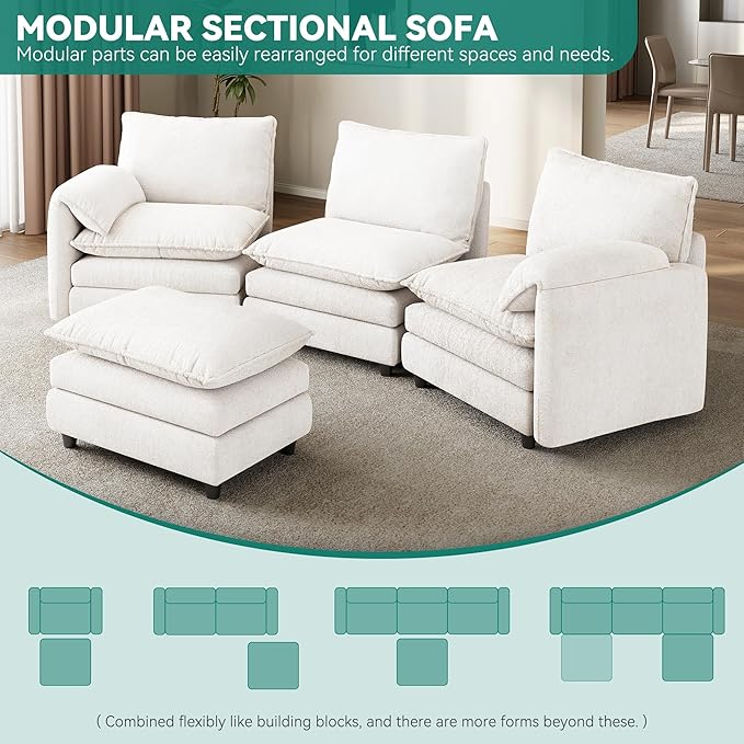 DWVO 108" Modular Sectional Sofa, Modern L Shaped Couch with Movable Ottoman, Pillow-Armrest, Velvet 4 Deep Seat Cloud Couch for Living Room, Beige