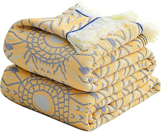 100% Cotton Soft Boho Throw Blanket for Bed 60x80,Muslin Breathable Lightweight Gauze Spring Blankets for Couch Sofa All Seasons,Bohemian Decor Floral Quilt Rustic Throw Blanket,Yellow